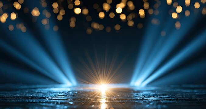 Dramatic spotlight with bokeh lights and wet floor reflection