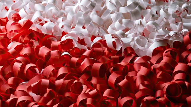 Abstract of tightly curled, layered red and white ribbons
