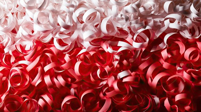 Vibrant red and white paper curls create a textured, patriotic background