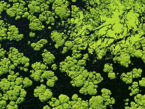 Dense green aquatic vegetation floats on dark, rippling water, creating abstract patterns
