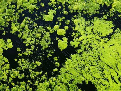 Vibrant green algae bloom floats on dark water, creating abstract patterns