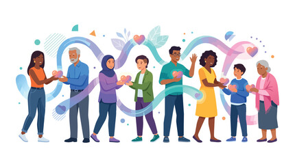 Obraz premium Diverse group of people passing hearts in a chain of kindness.