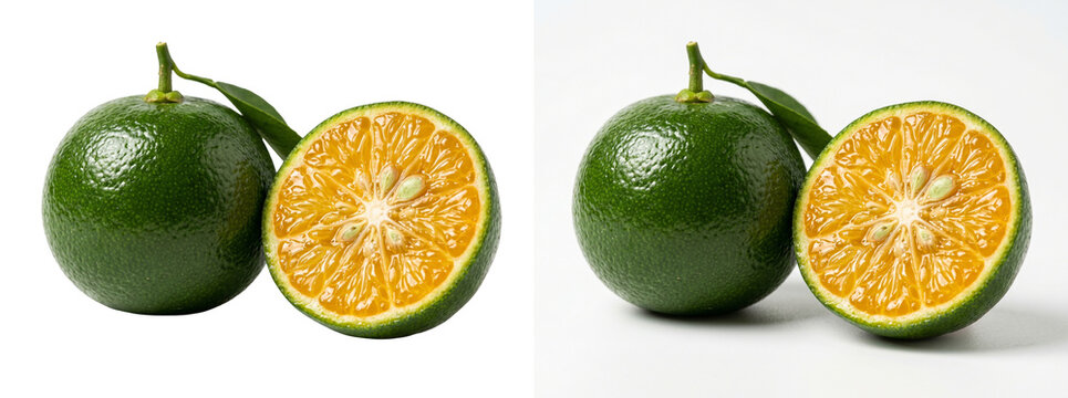 Fresh green tangerine with half slice on white background, organic citrus fruit with leaf, ripe calamansi lime for healthy food concepts