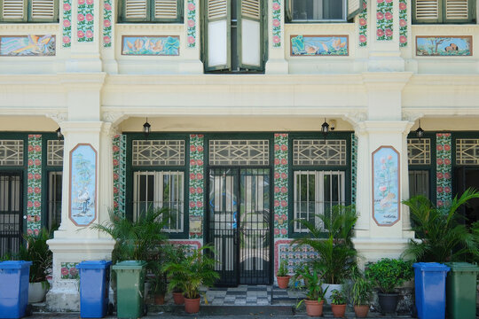 Front view of conserved pre-war terrace houses designed in Chinese Baroque style with neo-classical and Peranakan features, Petain Road, Singapore
