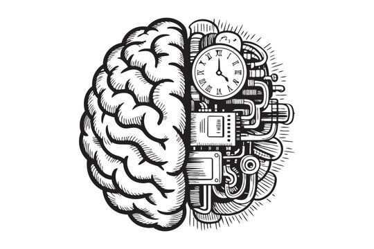 Conceptual illustration showing human brain merged with mechanical clockwork parts and complex metal engineering components