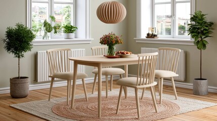 Fototapeta premium Modern Scandi Style Dining Room with Wooden Table and Natural Decor in Bright Inviting Atmosphere