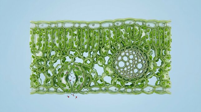 Scientific 3D illustration of a plant leaf cross section showing internal cellular structure and gas exchange process