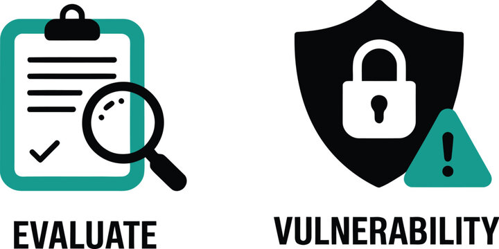 Vulnerability management illustration, modern cybersecurity concept featuring security shield, checklist and risk analysis icons, vector designs