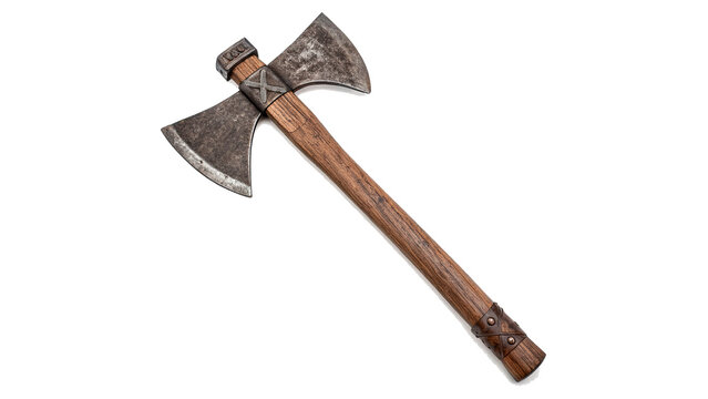 Ancient heavy double headed battle axe weapon wood handle isolated on transparent background