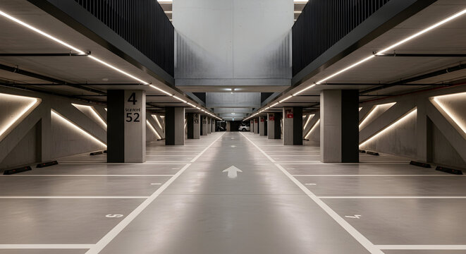 Modern Underground Parking Garage Interior with Clean Lines and Contemporary Lighting in Urban Environment