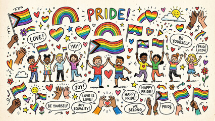 Obraz premium Pride Celebration Doodle Set with Hand Drawn Rainbow Flags Diverse People Hearts Speech Bubbles and Pride Lettering