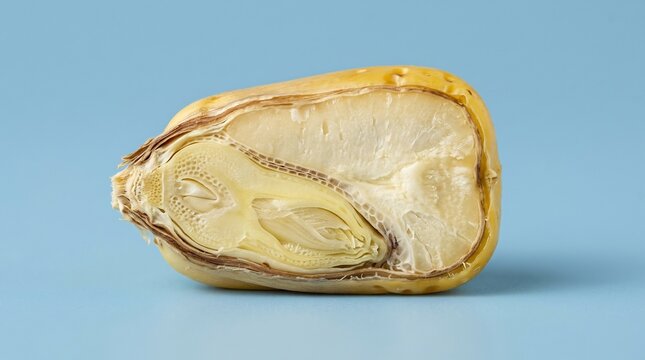 Macro cross section of a single corn kernel showing internal seed anatomy on blue background