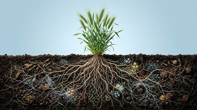 Cross section of a wheat plant showing an extensive root system in soil with nutrients and microorganisms