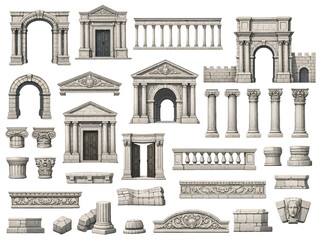Fototapeta premium Web Ancient Classical Stone Architecture Vector Collection with Roman Arches, Greek Columns, Marble Portals and Historic Architectural Elements