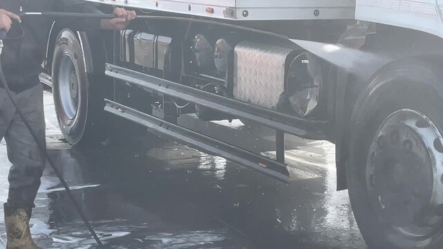 Clean truck chassis and side components after professional washing, displaying polished metal surfaces that represent commercial transport maintenance, fleet care and industrial quality.