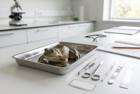 Dissected frog on tray with surgical instruments in laboratory setting  