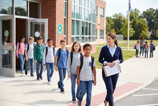 Students evacuating school during fire drill while teacher guides them  
