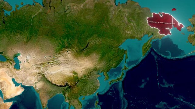 Chukotka Autonomous Okrug Highlighted on 3D Satellite Map of Russia and Asia
