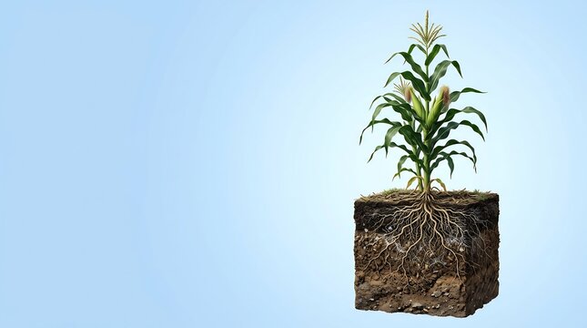 3D illustration of a corn plant showing the underground root system in a soil cross section isolated on blue background
