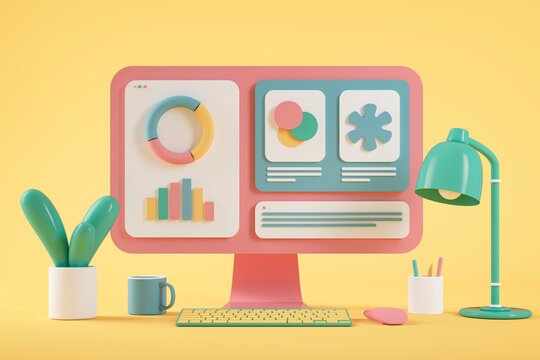 Cartoon computer with graph and design on screen against yellow background