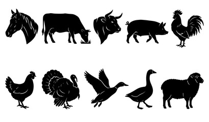 Black Farm Animal Silhouettes Livestock Bird and Mammal Vector Collection © creative Madara 