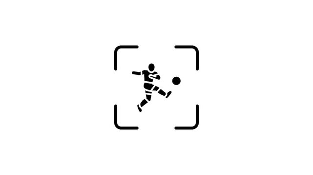 Soccer player icon motion graphic with scanning green laser line and focus frame over white background.