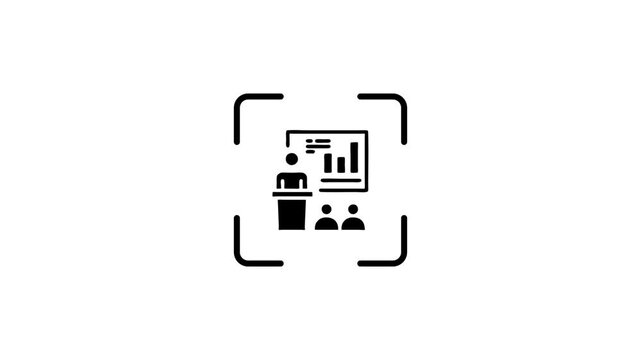 Animated icon showing seminar speaker presenting data on screen during business meeting with green digital scanning effect.
