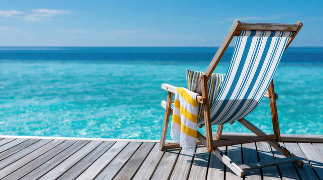 Striped deck chair with yellow towel on wooden pier overlooking turquoise tropical ocean water