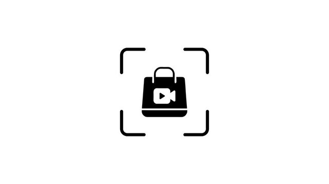 Animated scanner icon detecting virtual shopping bag with video camera symbol for digital commerce interface.