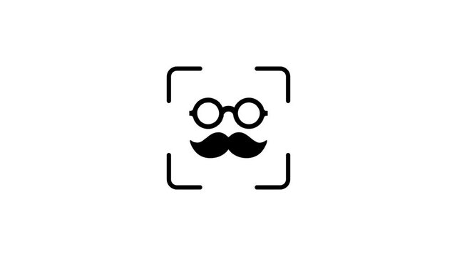 Digital facial recognition animation scanning hipster mustache and glasses icon in motion.