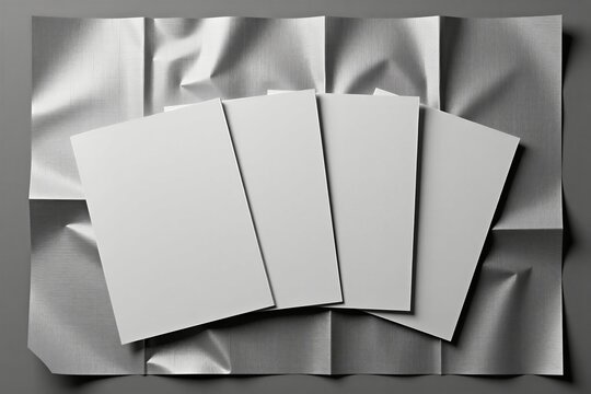 Four white blank vertical papers sit on folded textured silver surface. Empty mock up pages rest on wrinkled gray background. Clean documents for branding design layout brochure presentation. Pro
