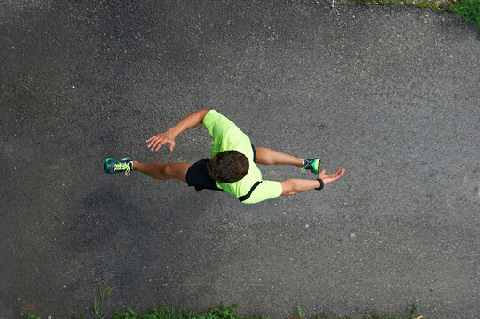 Elevated view of running man