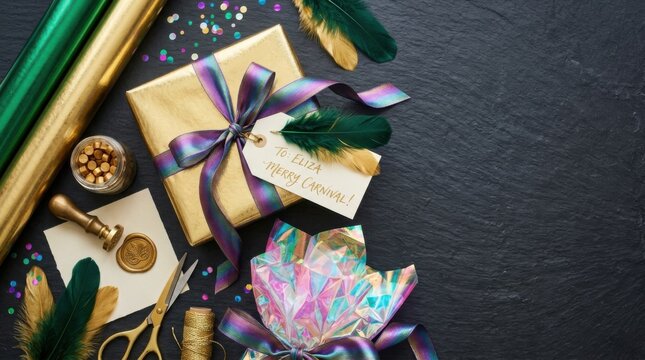 Aesthetic flat lay arrangement of luxury holiday gift packages greeting envelope cards and decorative glossy ribbon sheets