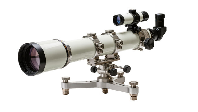 White astronomical telescope with finder scope and metal mount, isolated on transparent background