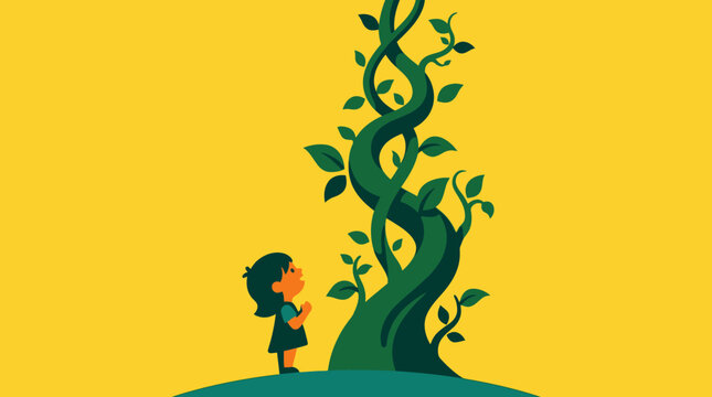 Young child gazing in awe at a towering, winding beanstalk, an enchanting symbol of growth, aspiration, and the magic of childhood dreams in a vibrant illustration.