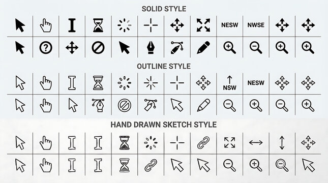 Computer Mouse Cursor Pointer Icons Set in Solid, Outline and Hand Drawn Sketch Styles