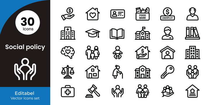 Social welfare community support icon set 30 line icons for policy and assistance programs
