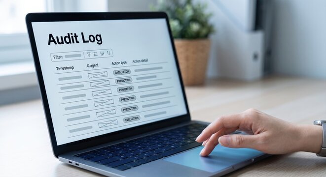 Professional using laptop trackpad to review AI agent audit log and action type records at wooden desk