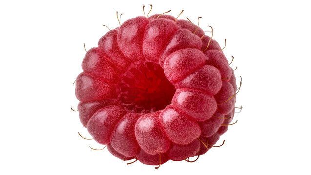 Single ripe raspberry with textured drupelets, isolated on transparent background