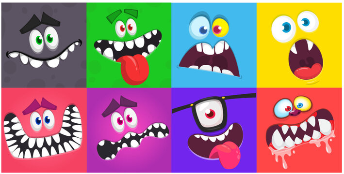 Funny cartoon monsters faces. Illustration of monster creatures character design with various face expressions. Great for Halloween decoration for children or package design