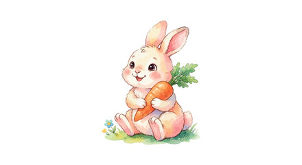 Watercolor painting of a seated rabbit holding a carrot white background