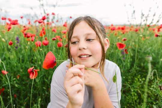 A young girl holds a red poppy flower in a summer meadow
