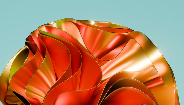 Abstract 3D rendering of a dynamic orange metallic wave