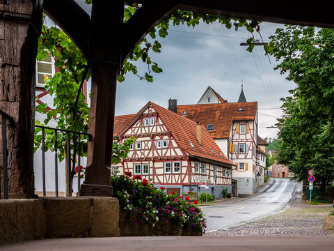 Exterior of half-timbered houses by street, Str�mpfelbach, Baden-W�rttemberg, Germany