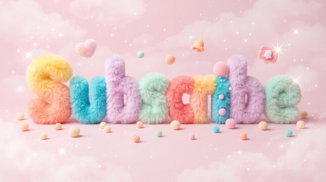 Fluffy 'subscribe' text with pastel colors and sparkling cloud background