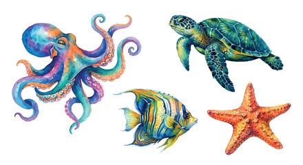 Watercolor illustration of an octopus sea turtle fish and starfish © SHANTI
