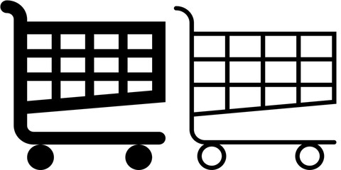 Black shopping cart icon set isolated on a white background, featuring both solid and outline styles. The minimalist vector-style illustration represents online shopping and supermarket  © Amirah MJ Studio