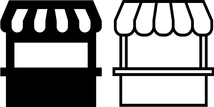 Black storefront icon set isolated on a white background, featuring both solid and outline styles with a striped awning and retail shop structure. 