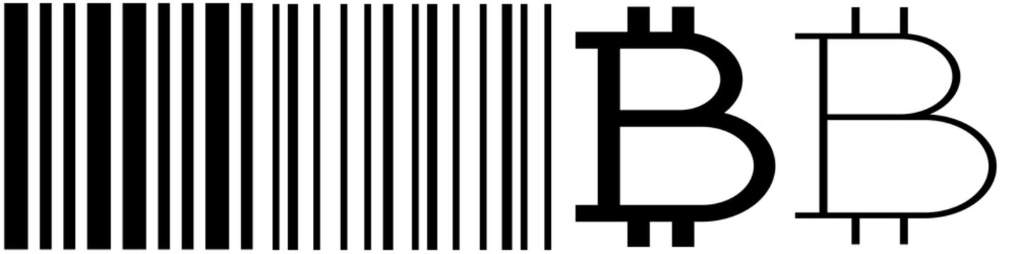 Black and white Bitcoin barcode icon featuring solid and outline cryptocurrency symbols integrated with a barcode design. Minimal vector-style illustration representing digital currency, blockchain 