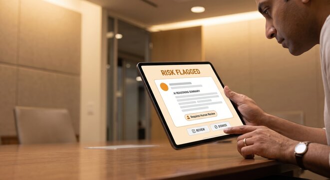 Focused businessman reviewing AI risk flagged alert and reasoning summary on tablet in corporate boardroom